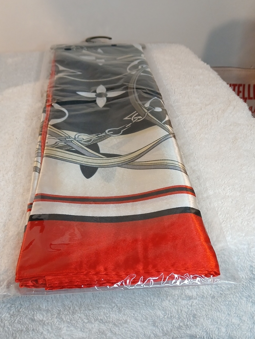 Silk-Feel Decorative Scarf in Red, Black & Cream